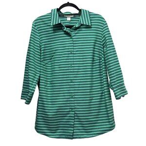 Coldwater Creek Womens 1X Green & Navy Striped Button Front Shirt 3/4 Sleeve